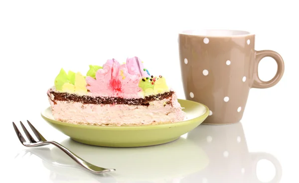 Krämig tårta och kopp isolerad på vit — Stockfoto