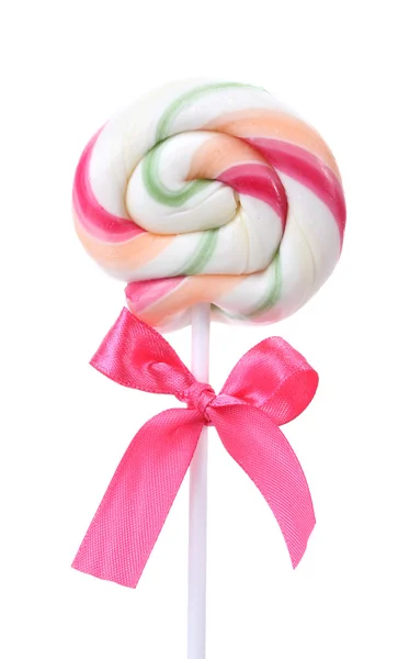 Colorful lollipop with bow isolated on white — Stock Photo, Image