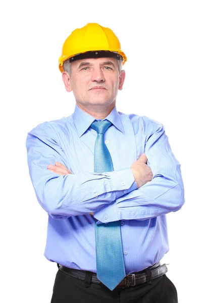 Homem arquiteto com capacete isolado em branco — Fotografia de Stock