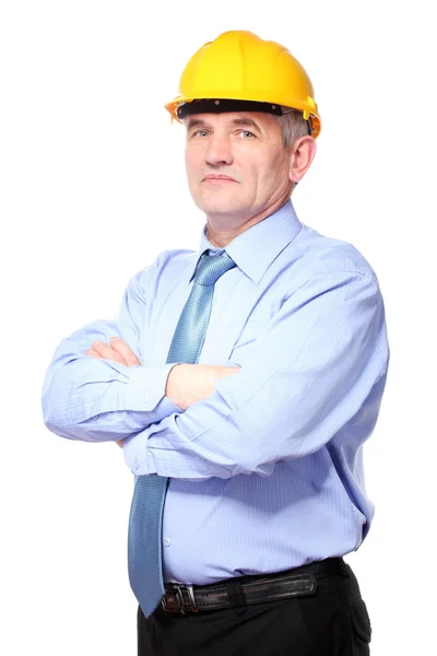 Homem arquiteto com capacete isolado em branco — Fotografia de Stock