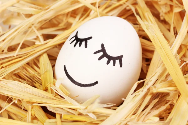 Біле яйце зі смішним обличчям у соломі — стокове фото