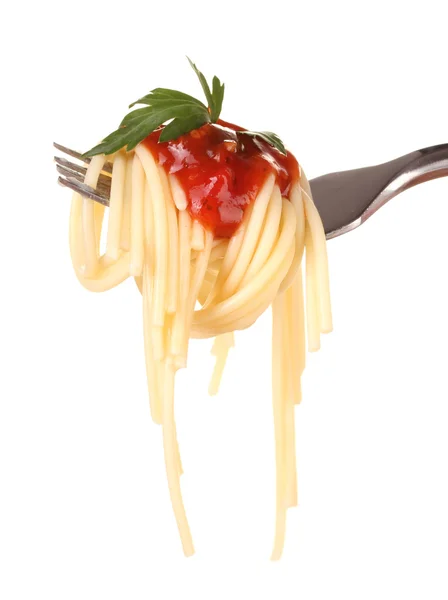 おいしいスパゲッティ ホワイト バック グラウンドにフォークのクローズ アップ — ストック写真