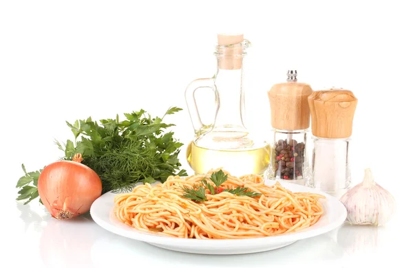 Composition of the delicious spaghetti with tomato sauce isolated on white — Stock Photo, Image