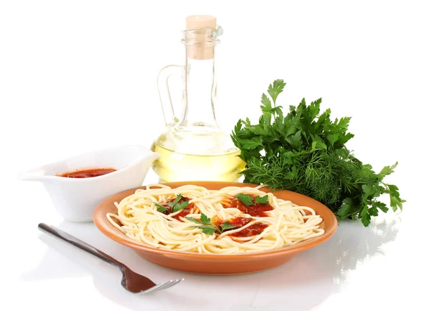 Composition of the delicious spaghetti with tomato sauce and parsley isolated on white — Stock Photo, Image
