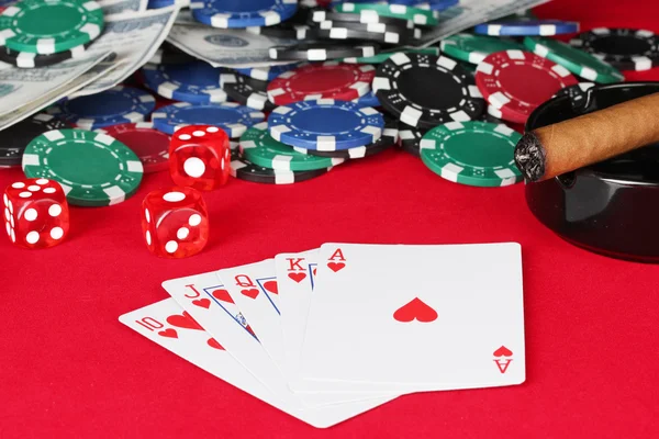 Royal flush on a red poker table close-up — Stock Photo, Image