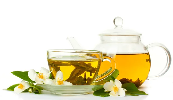 Grönt te med jasmin i kopp och tekanna isolerad på vitt — Stockfoto