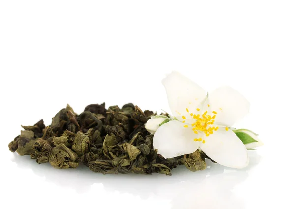 Güzel Yasemin çiçeği ve kuru yeşil çay üzerinde beyaz izole — Stok fotoğraf
