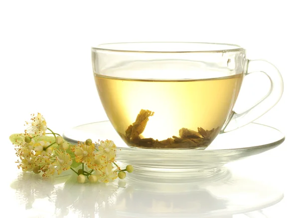 Чашка липового чаю та квітів ізольовані на білому — стокове фото