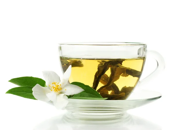 Cup of green tea with jasmine flowers isolated on white Stock Picture