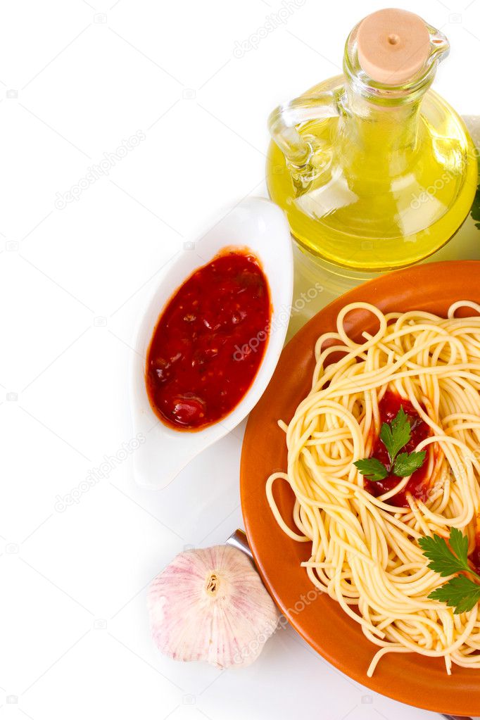 Composition of the delicious spaghetti with tomato sauce and parsley on white background close-up