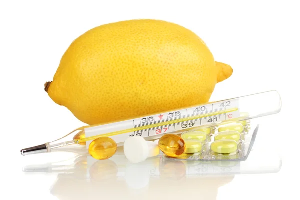 Lemon, pills and thermometer isolated on white — Stock Photo, Image