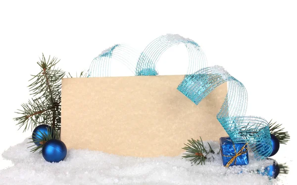 빈 엽서, 크리스마스 공 및 전나무에 고립 된 백색에 — 스톡 사진