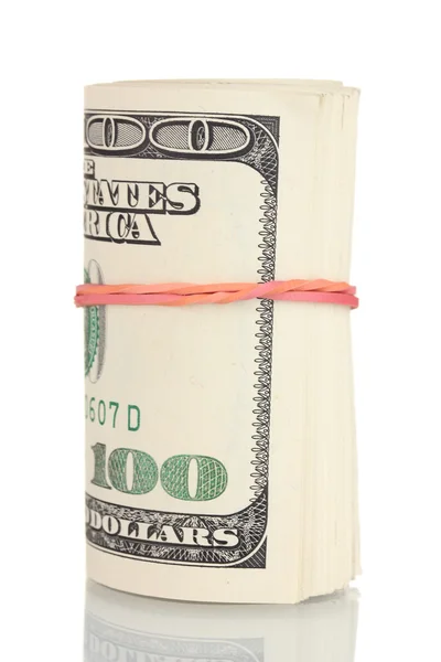A lot of one hundred dollar bills tied rubber band isolated on white — Stock Photo, Image