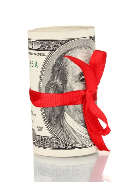 100 dolar faturaları çok kırmızı üzerine beyaz izole birbant bağlamıştım — Stok fotoğraf