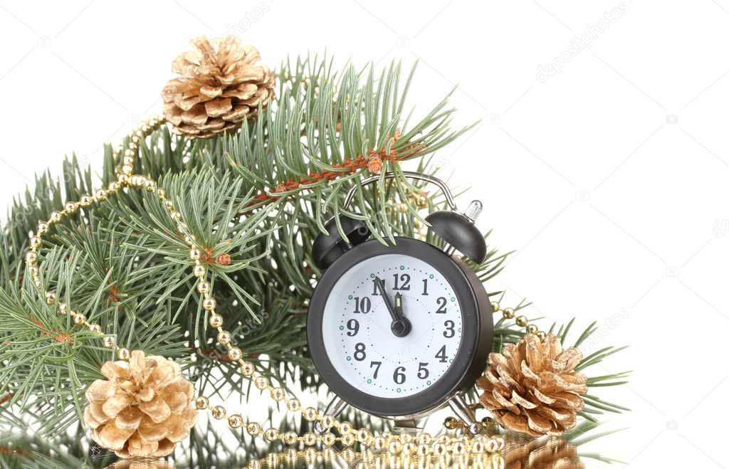 Green Christmas tree and clock isolated on white