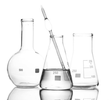 One flask with water and two empty flasks with reflection isolated on white clipart