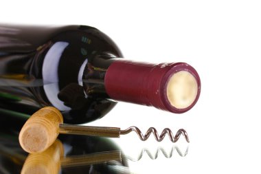 Bottle of great wine and corkscrew isolated on white clipart