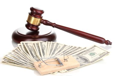 Dollar banknotes with judge's gavel and mousetrap isolated on white clipart