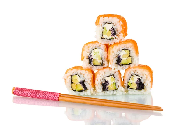 Tasty rolls with chopsticks isolated on white — Stock Photo, Image