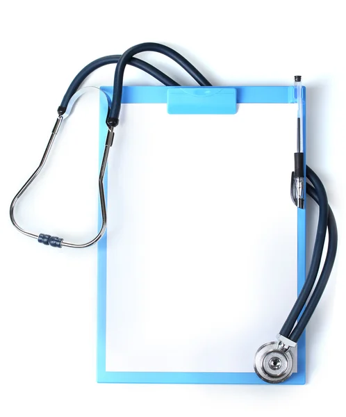 Stethoscope and blue clipboard isolated on white — Stock Photo, Image