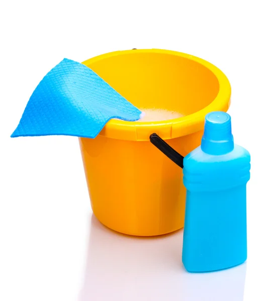 Bucket with detergent and cloth for cleaning isolated on white — Stock Photo, Image