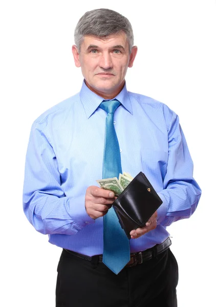 Empresário acredita que o dinheiro isolado em branco — Fotografia de Stock