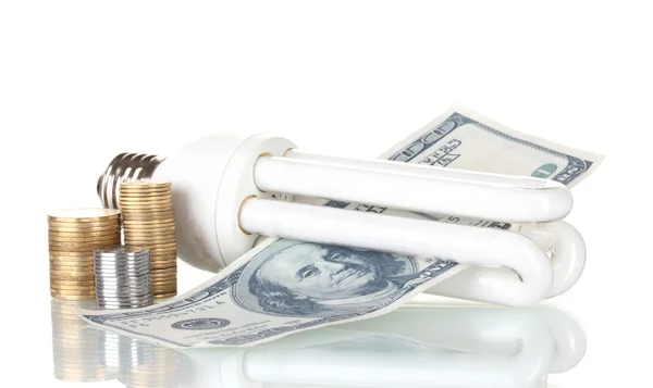 Energy saving lamp and money isolated on white — Stock Photo, Image