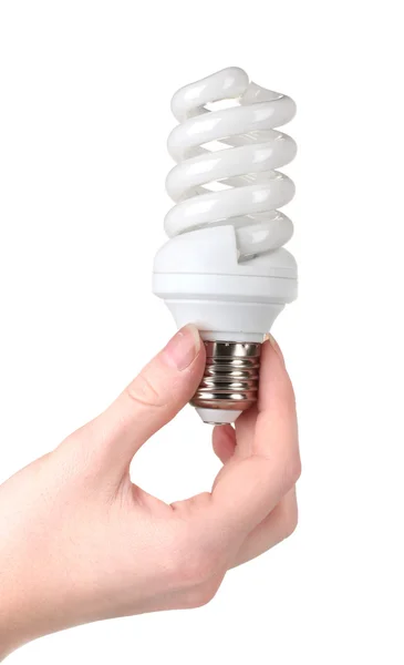 Brazo que sostiene la lámpara de ahorro de energía aislada en blanco — Foto de Stock
