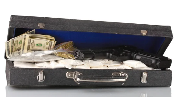 Cocaine and marijuana with gun in a suitcase isolated on white — Stock Photo, Image