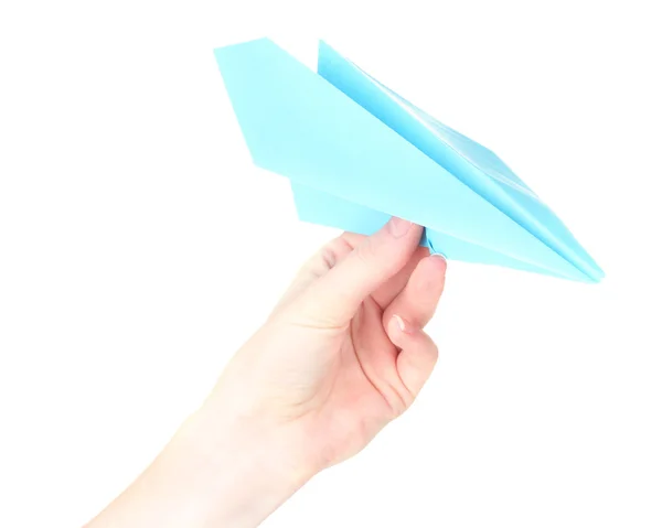 Origami kağıt uçak üzerinde beyaz izole el — Stok fotoğraf