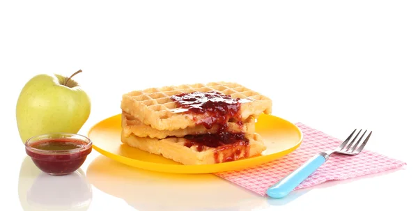 Tasty waffles with jam on plate isolated on white — Stock Photo, Image