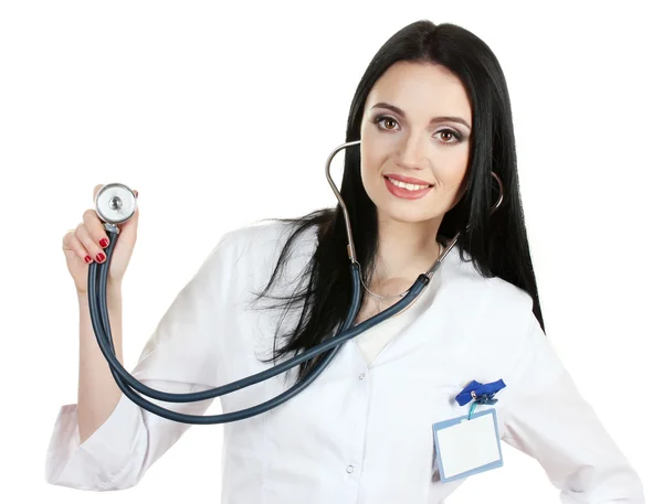 Молодий красивий лікар зі стетоскопом ізольований на білому — стокове фото