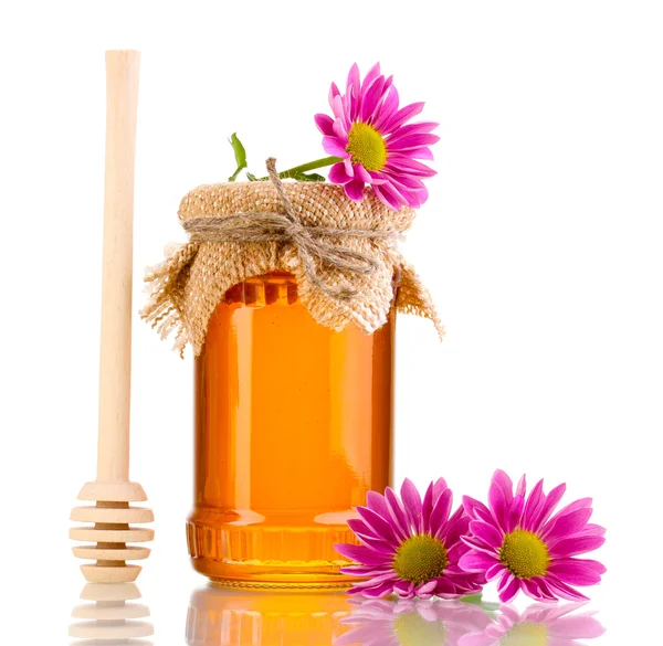 Sweet honey in jar with drizzler isolated on white — Stock Photo, Image