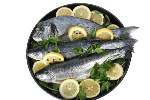 Pesci freschi con limone, prezzemolo e pepe su piatto isolato su bianco — Foto Stock