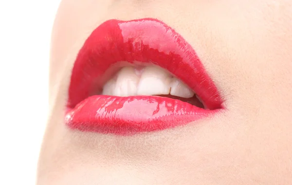 Piękny makijaż glamour czerwony połysk usta — Zdjęcie stockowe