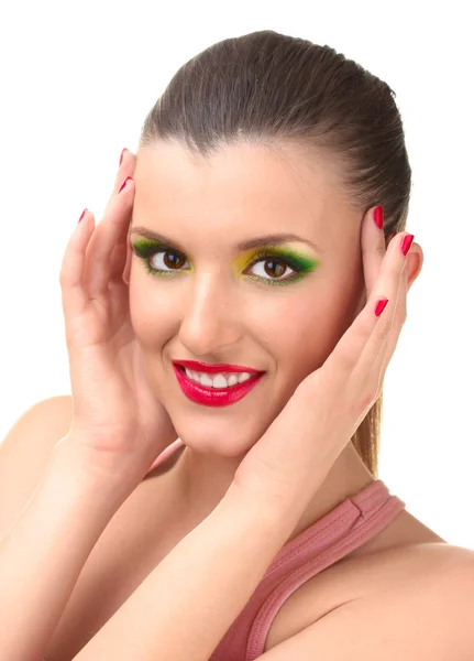 Ritratto di giovane donna sexy con trucco glamour e manicure rossa — Foto Stock
