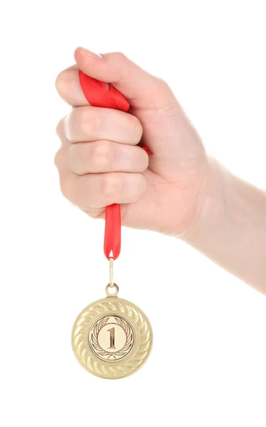 Medalha de ouro na mão isolada em branco — Fotografia de Stock