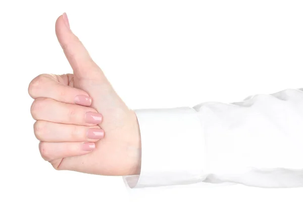 Γυναίκα χέρι με αντίχειρα εντάξει σήμα που απομονώνονται σε λευκό — Φωτογραφία Αρχείου