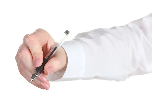 Mulher mão com caneta isolada no branco — Fotografia de Stock