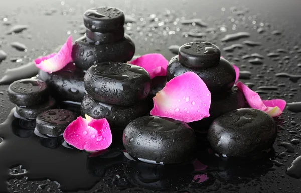 Pierres de spa avec gouttes et pétales de rose sur fond gris — Photo
