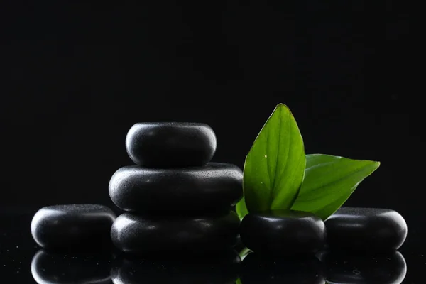 Spa stones and green leaves on black background — Stock Photo, Image