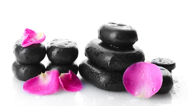 Spa stones with drops and rose petals isolated on white — Stock Photo, Image