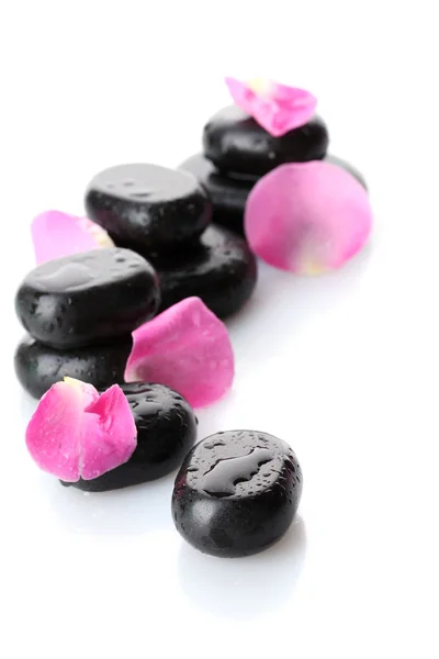 Piedras de spa con gotas y pétalos de rosa aislados en blanco —  Fotos de Stock