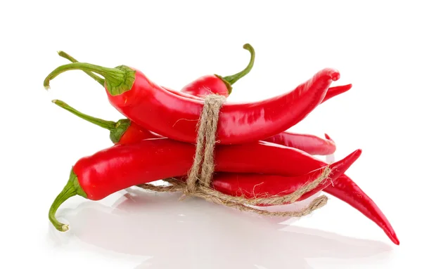 Red hot chili peppers vastgebonden met touw geïsoleerd op wit — Stockfoto