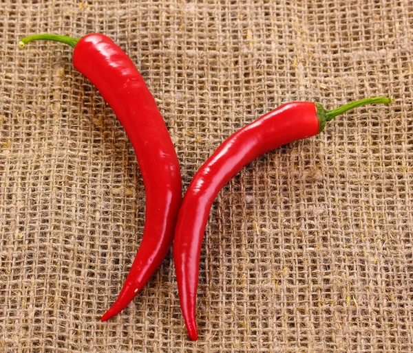 Pimentas vermelhas de pimenta quente em pano de saco — Fotografia de Stock