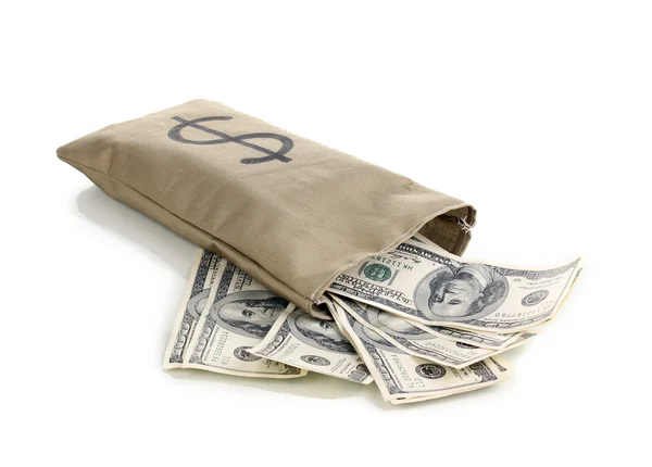 Tasche mit Geld isoliert auf weiß — Stockfoto