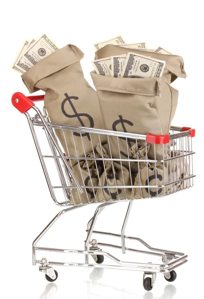 Bolsas con dinero en carretilla aisladas en blanco —  Fotos de Stock