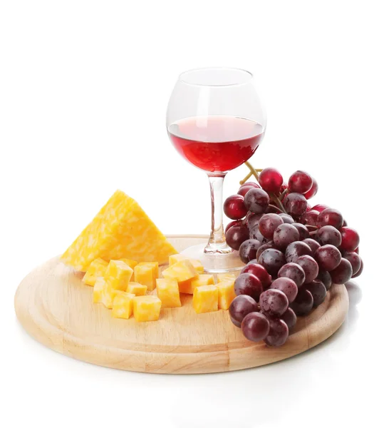 Wine in wineglass and cheese isolated on white — Stock Photo, Image