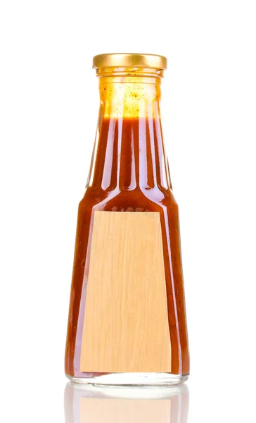 Tomato sauce in glass bottle isolated on white — Stock Photo, Image