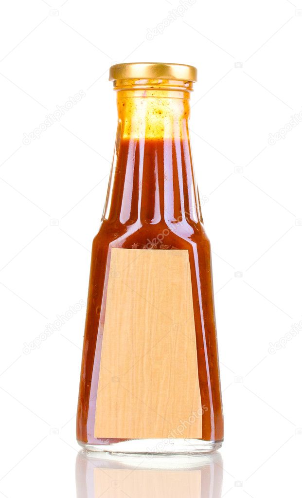 Tomato sauce in glass bottle isolated on white